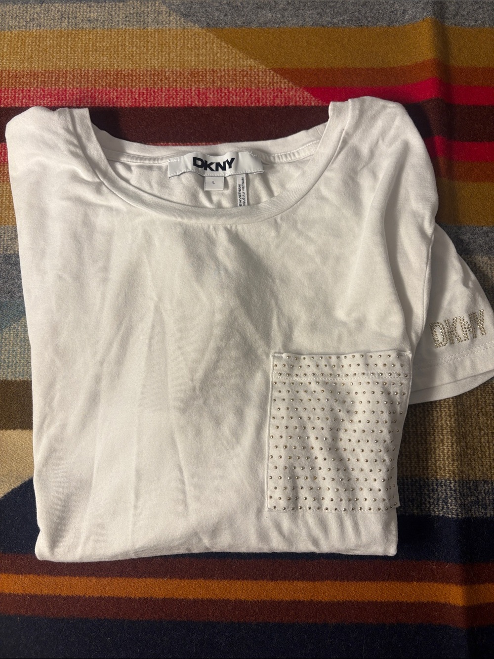 DKNY White Short Sleeve Tee with Studded Pocket